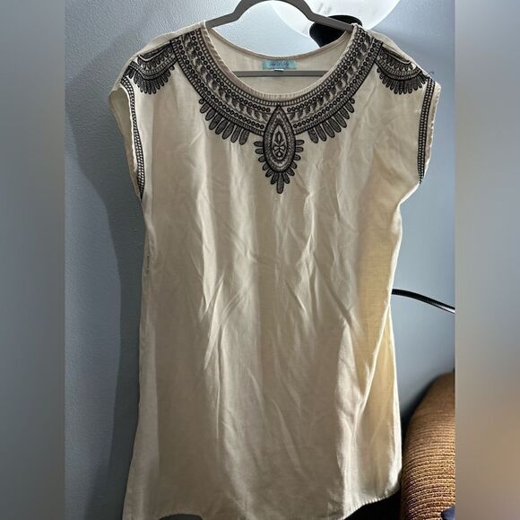 She & Sky Cream Black Embroidered Shift Shirt Dress - Picture 1 of 6